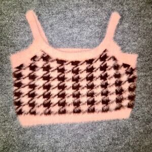 Storia Pink Brown Fuzzy Houndstooth Crop Tank Top Women’s Small JT2429A